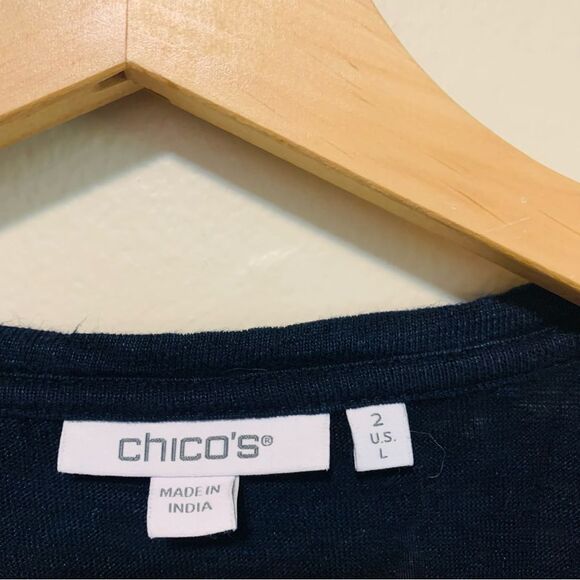 Chicos Navy Blue Knit Linen Pom Pom trim V Neck Tee Shirt size large - Picture 2 of 6